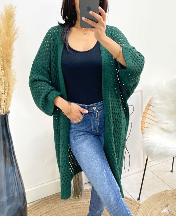 LONG OPENWORK CARDIGAN AH918 EMERALD GREEN