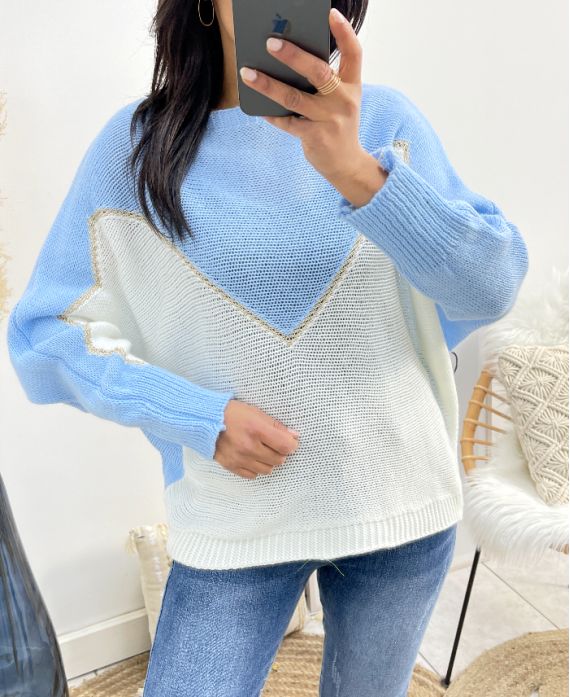 PULLOVER BI-COLORE LUREX AH941 BLEU CIEL