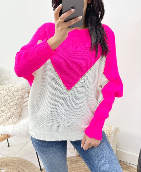 DWUKOLOROWY SWETER LUREX AH941 FUSHIA