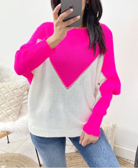 DWUKOLOROWY SWETER LUREX AH941 FUSHIA