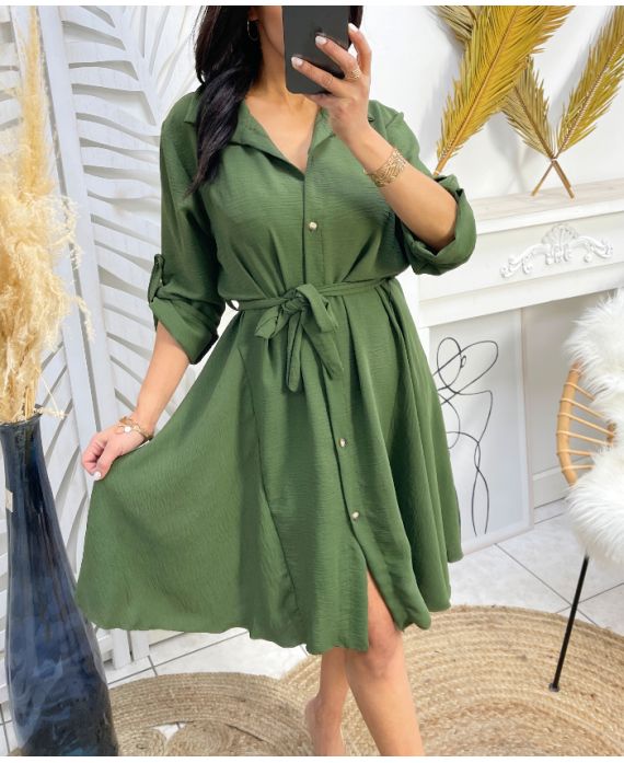 MILITARY GREEN PE196 BUTTON SKATER DRESS