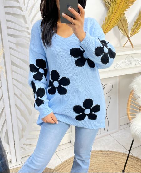 PULLOVER FLEUR PE148 BLEU CIEL