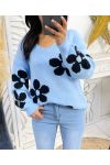 PULLOVER FLEUR PE148 BLEU CIEL