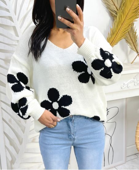 PULLOVER FLEUR PE148 BLANC