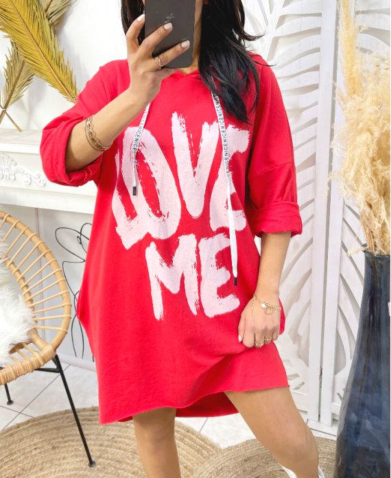 2-POCKET HOODIE DRESS LOVE ME PE135 RED