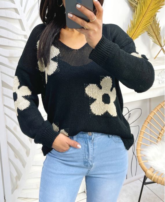 LUREX FLOWERS PULLOVER SS93 SCHWARZ