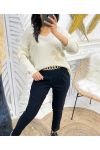 SWETER W KWIATY LUREX SS93 BEŻOWY