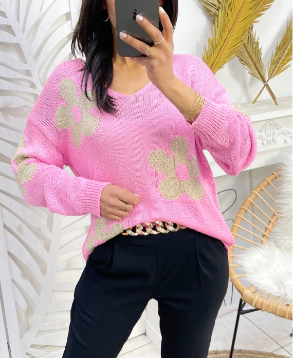 LUREX FLOWER SWETER SS93 RÓŻOWY