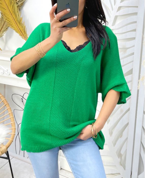 SHORT SLEEVE SWEATER PE956 EMERALD GREEN