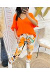 PE105 ORANJE BROEK MET PRINT EN KREUKEFFECT