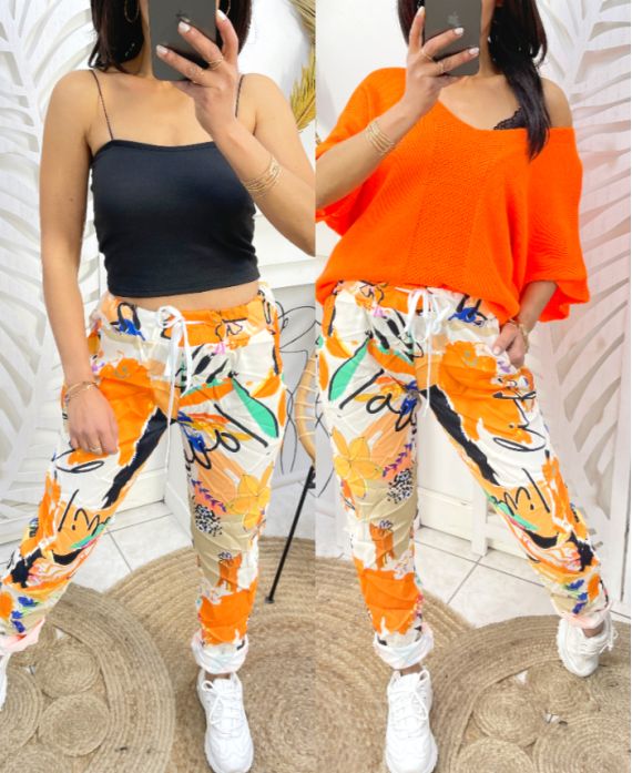 PANTS WITH CRINKLE EFFECT PRINT PE105 ORANGE