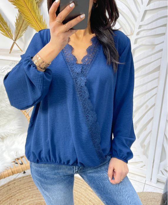 BLOUSE DRAPEE DENTELLE PE77 BLEU MARINE