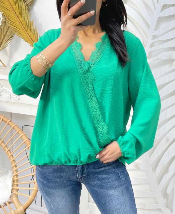 BLUSA IN PIZZO DRAPPEGGIATO PE77 VERDE