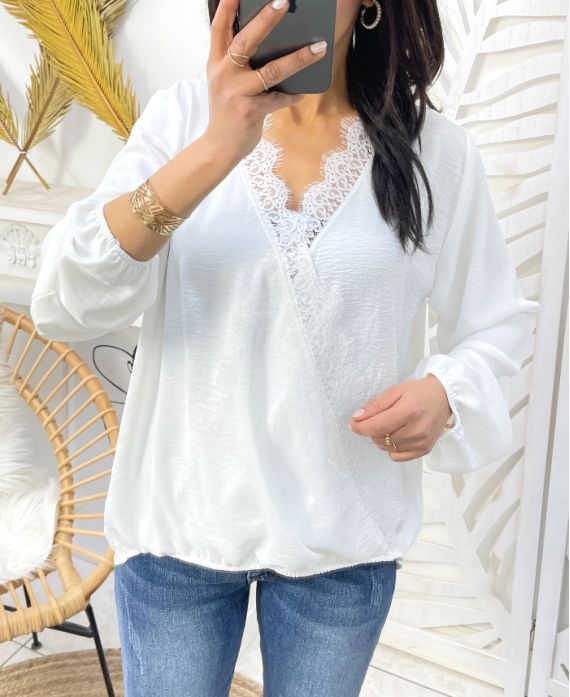 BLOUSE DRAPEE DENTELLE PE77 BLANC