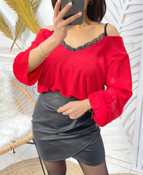 2-IN-1 LACE EFFECT TOP PE155 RED