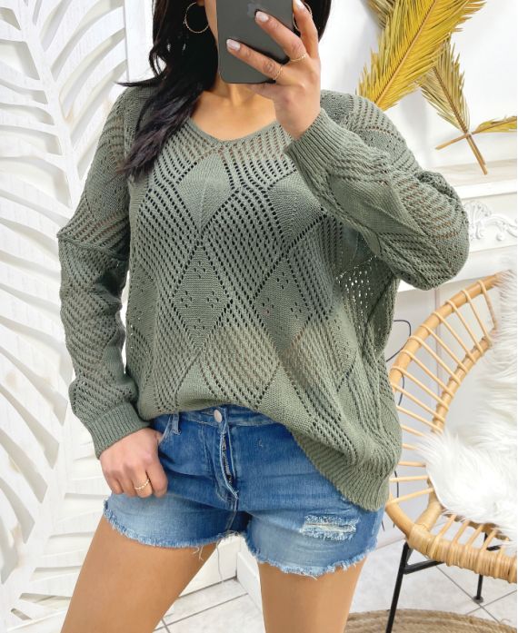 PULL TRICOT FEMME PE343 VERT MILITAIRE www.grossiste pret a