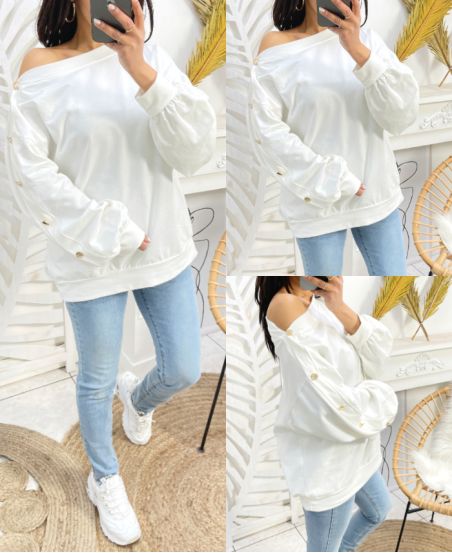 SWEAT-SHIRT COTON A BOUTONS GOLD PE13 BLANC