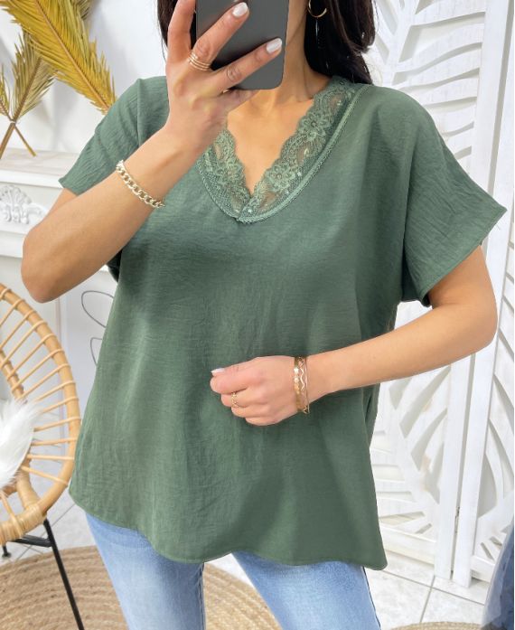 TOP FLUIDO IN PIZZO PE276 VERDE MILITARE