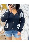 GILET MAILLE TRICOT FLEURS PE446 NOIR