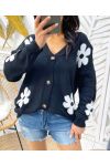 KNITTED CARDIGAN KNIT FLOWERS PE446 BLACK