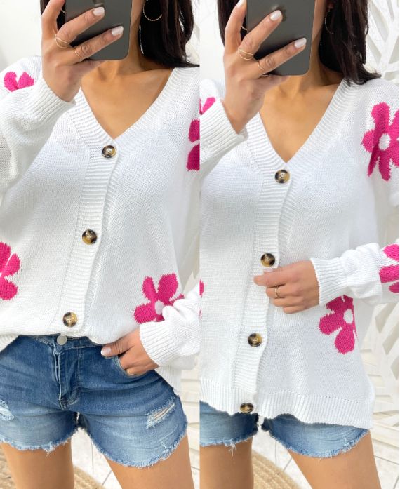 KNITTED KNIT CARDIGAN FLOWERS PE446 WHITE