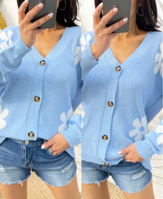 CARDIGAN IN MAGLIA FIORI PE446 AZZURRO CIELO