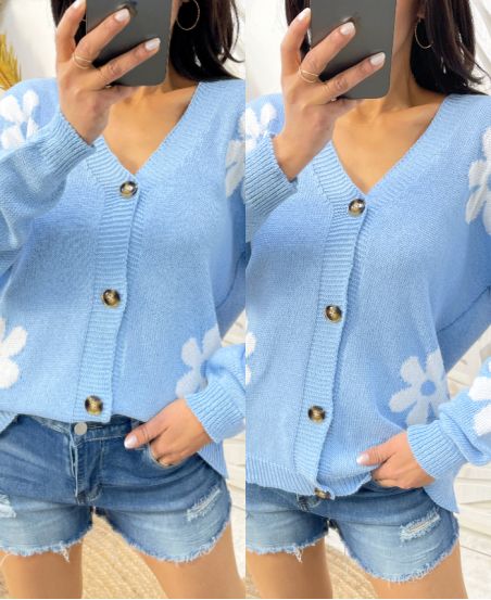 CARDIGAN IN MAGLIA FIORI PE446 AZZURRO CIELO