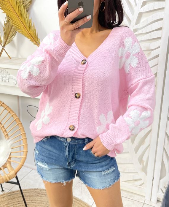 KNITTED CARDIGAN FLOWERS PE446 PINK