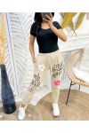 FLOWERS RHINESTONE FLOCKING TROUSERS PE448 BEIGE