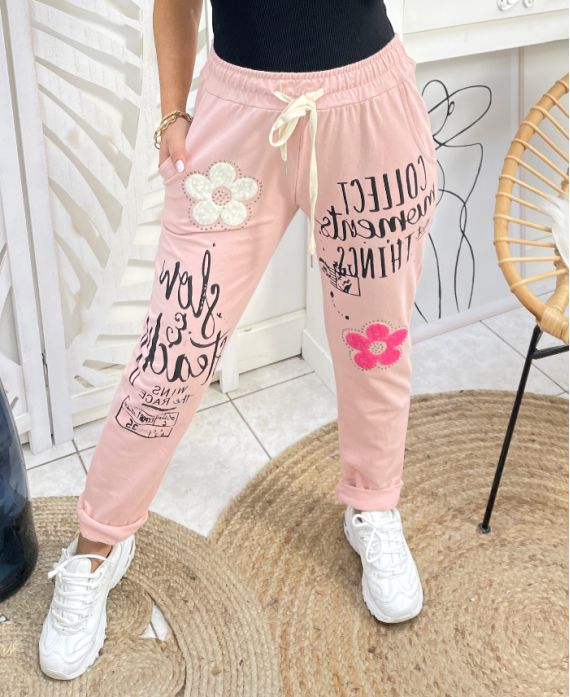 PANTALONE FLOCCATO STRASS FIORI PE448 ROSA