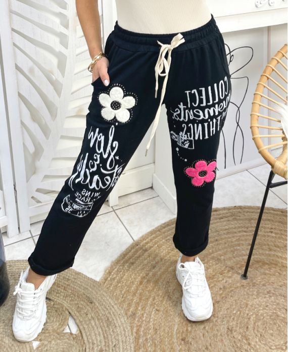 FLOWERS RHINESTONE FLOCKING TROUSERS PE448 BLACK