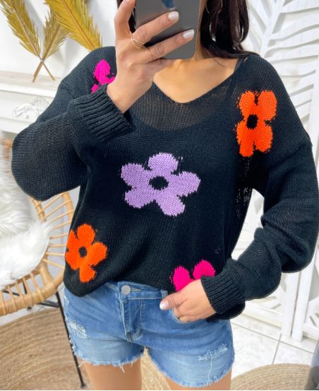 PULL TRICOT FLEURS COLORES PE460 NOIR