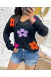 PULL TRICOT FLEURS COLORES PE460 NOIR