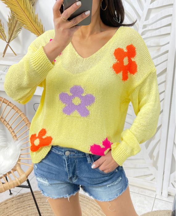 MAGLIONE COLORATO IN MAGLIA A FIORI SS460 GIALLO