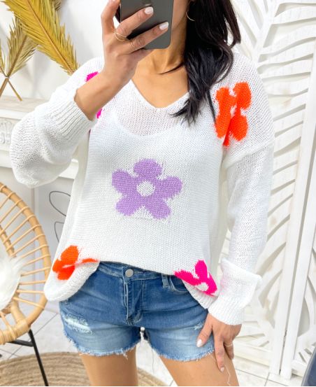 MAGLIONE COLORATO IN MAGLIA A FIORI SS460 BIANCO