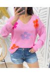 MAGLIONE IN MAGLIA A FIORI COLORATI PE460 ROSA