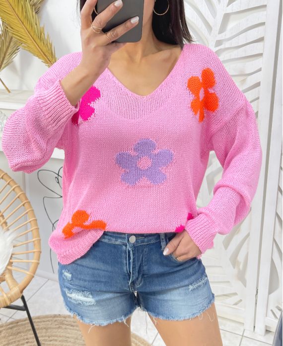 MAGLIONE IN MAGLIA A FIORI COLORATI PE460 ROSA