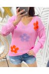 MAGLIONE IN MAGLIA A FIORI COLORATI PE460 ROSA