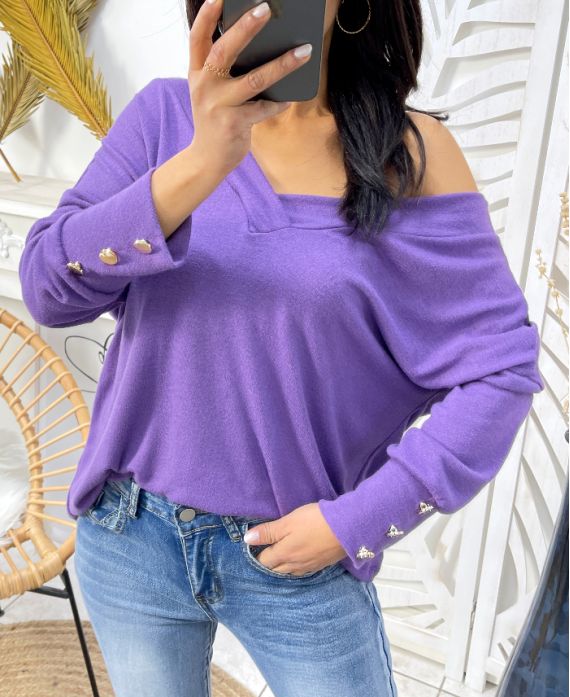 PULL COL V MANCHES BOUTONS PE379 VIOLET