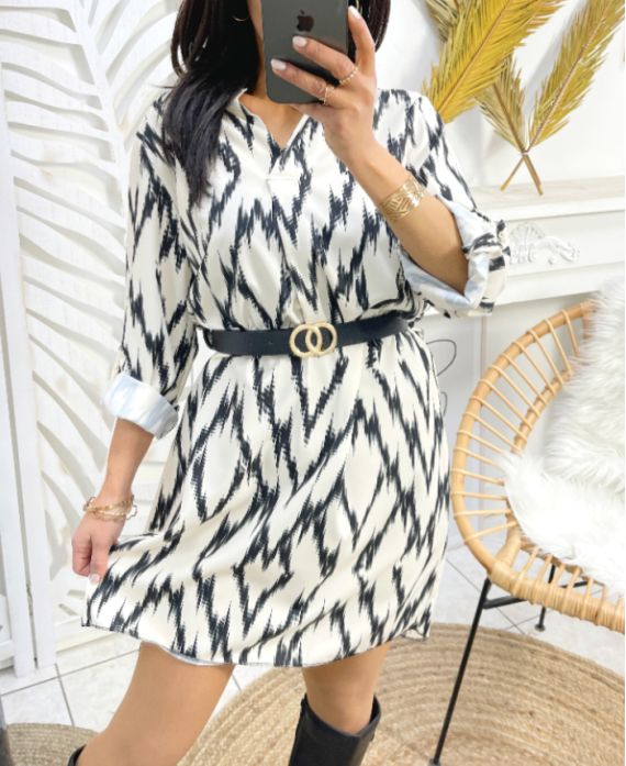 PRINTED TUNIC DRESS + BELT OFFERED PE477 WHITE