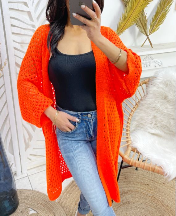 GILET LONG AJOURE PE918 ORANGE