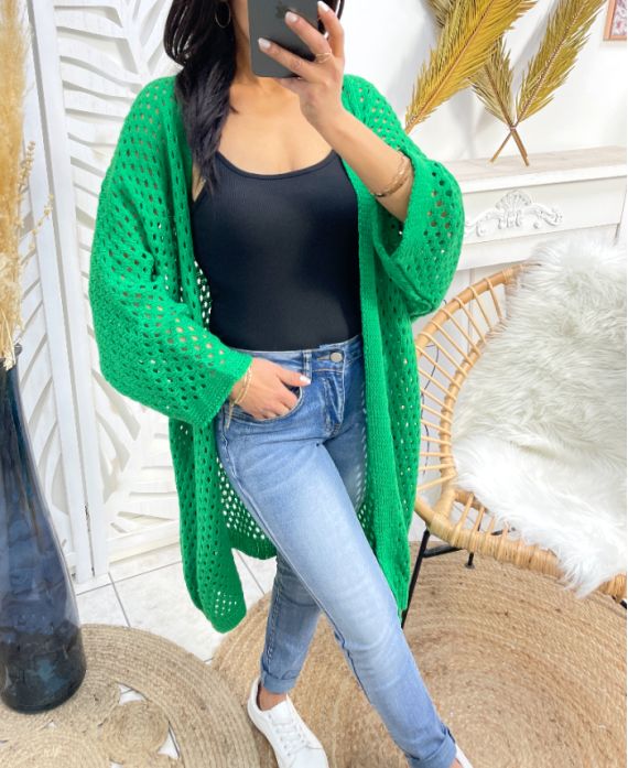 PE918 CARDIGAN LUNGO TRAFORATO VERDE