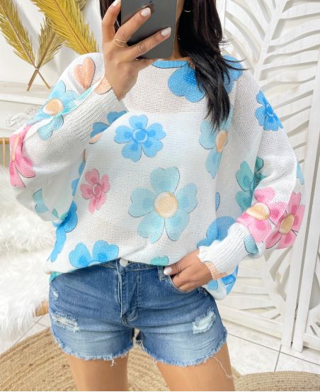 FLOWER PRINT SWEATER PE401 SKY BLUE