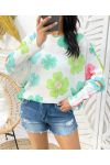 SWETER W KWIATY PE401 ZIELONY