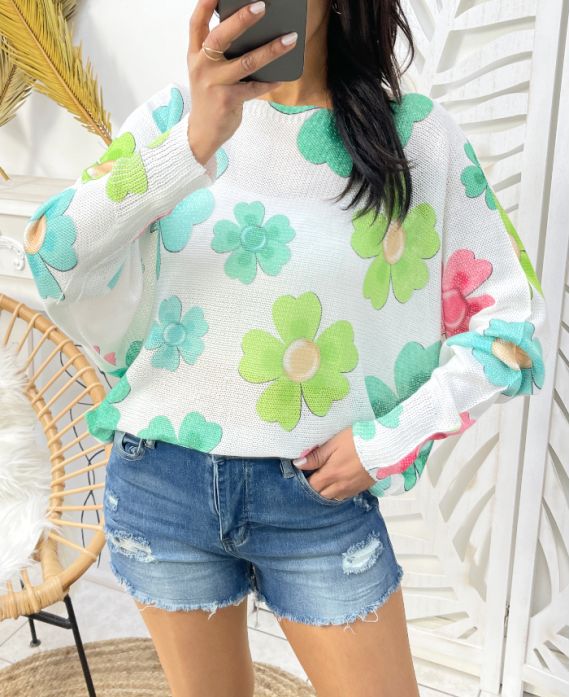 FLOWER PRINT SWEATER PE401 GREEN