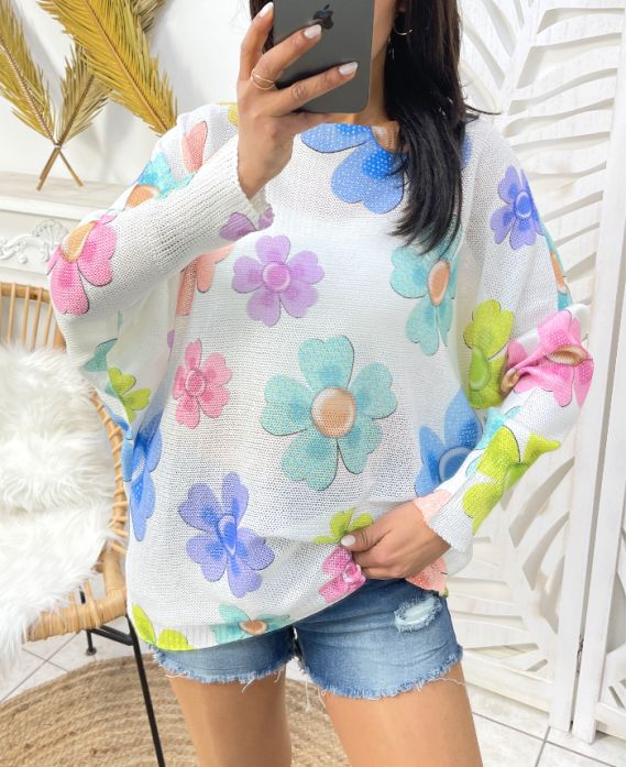 FLOWER PRINT SWEATER PE401 NAVY BLUE