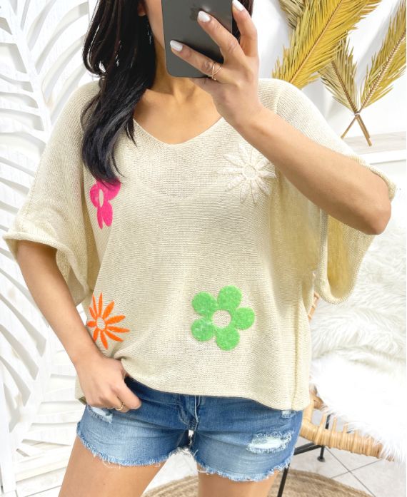 FLOWER YOKE SWEATER PE395 BEIGE