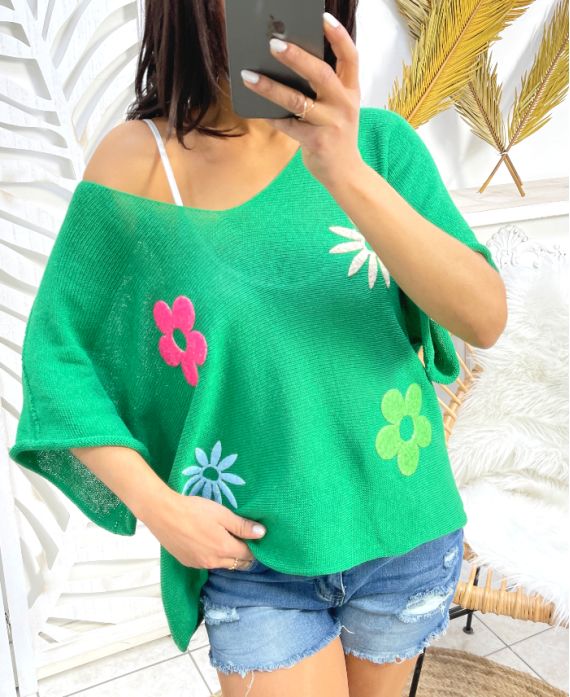 PULLOVER EMPIECEMENT FLEUR PE395 VERT