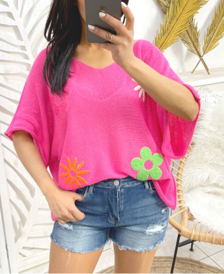 PULLOVER MIT BLUMENPASSE PE395 FUCHSIA