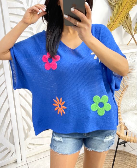 FLOWER YOKE SWEATER PE395 KONINGSBLAUW